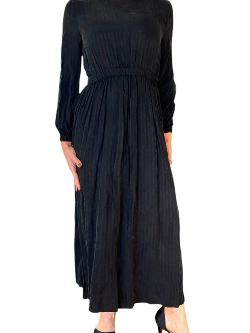 SOLIKA MODEST CUPRO BLACK TONAL STRIPE DRESS frock nyc mimu maxi XS